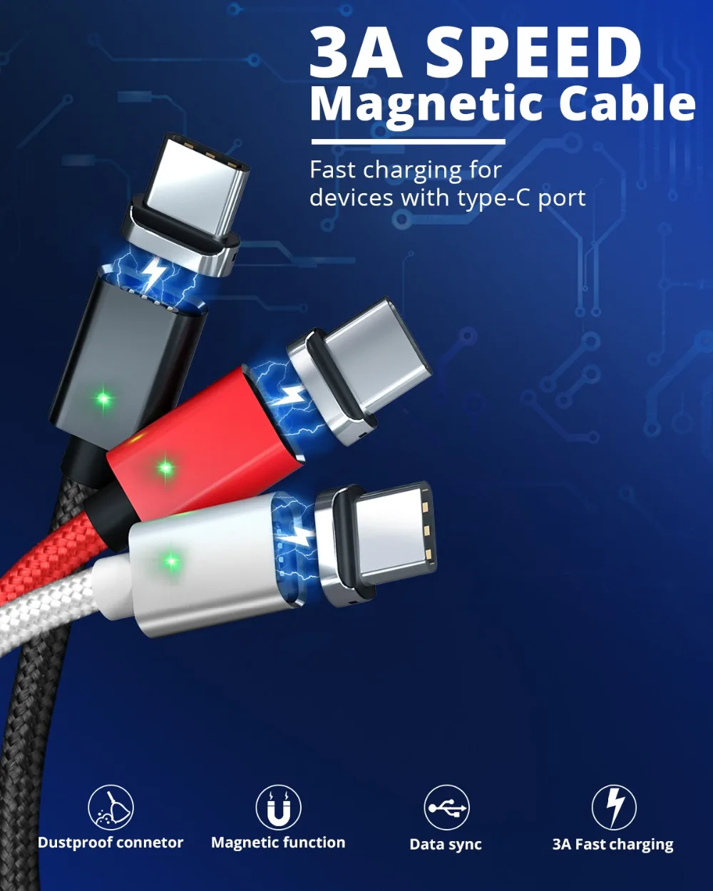 Магнитный кабель ANMONE type-C для быстрой зарядки, кабель USB C, 1 м, 2 м, шнур для передачи данных на базе Android, кабель для быстрой зарядки мобильного телефона, Магнитный провод usb type-C