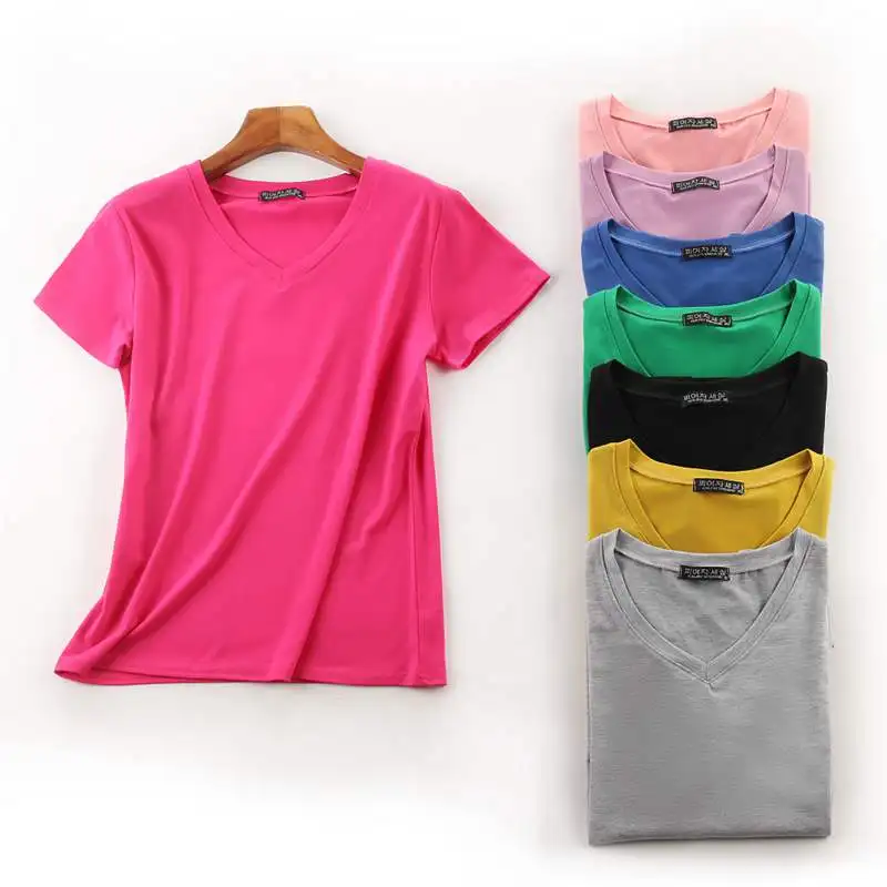 new 2019 spring summer Women cotton tops tees t-shirts short sleeve Casual tunic basic shirt t candy color V-neck green | Женская одежда