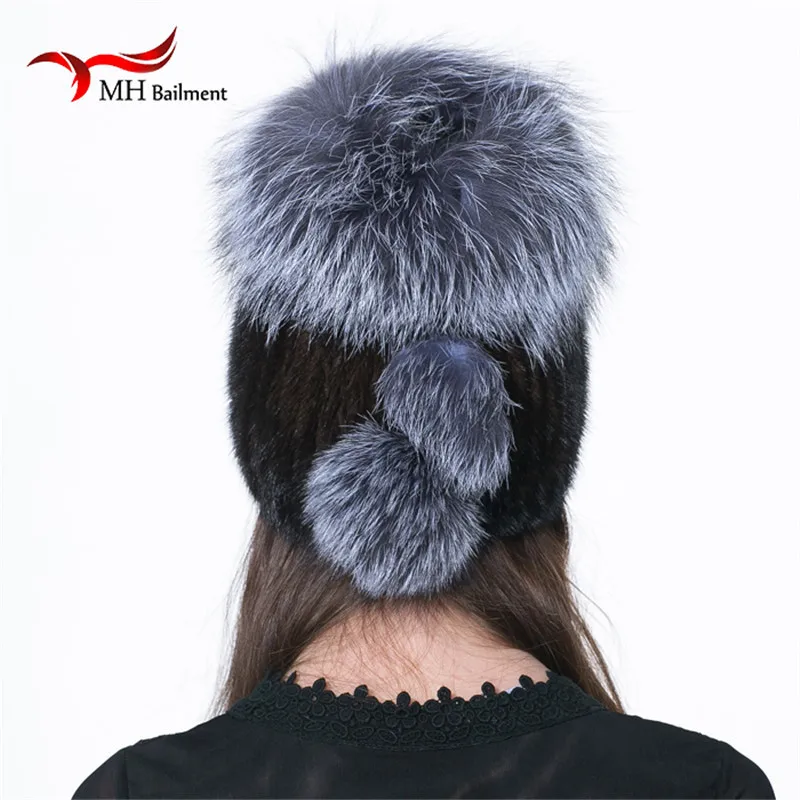 Для женщин норки меховая шапка зимняя реального вязаная Silver Fox меховой шарик