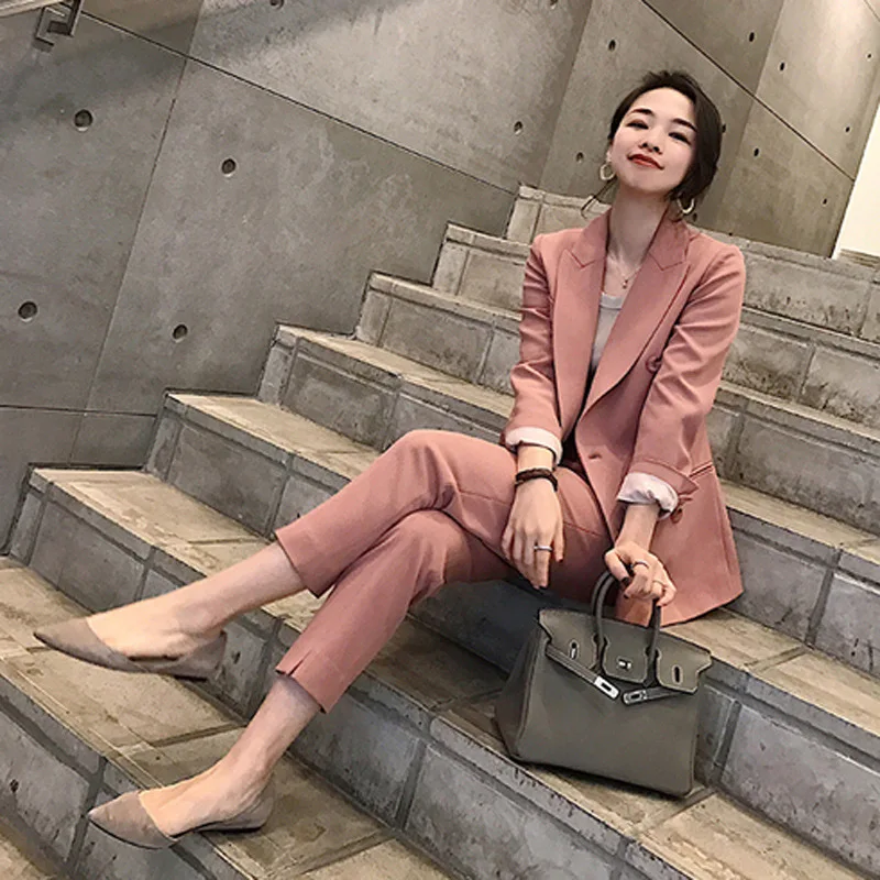 

Set female red suit trousers two-piece 2019 spring and autumn new solid color wild loose women's clothes temperament fashion