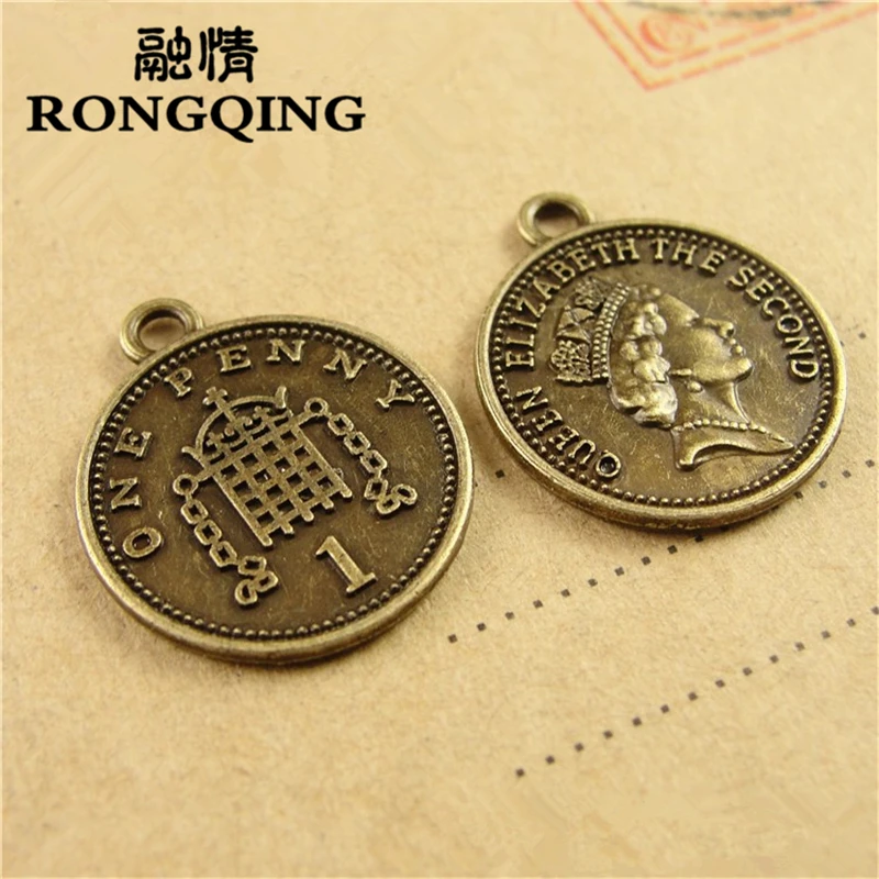 

RONGQING Antique Bronze 17*19MM 100pcs/lot Ancient Coins Elizabeth Pendants Handmade Jewelry DIY