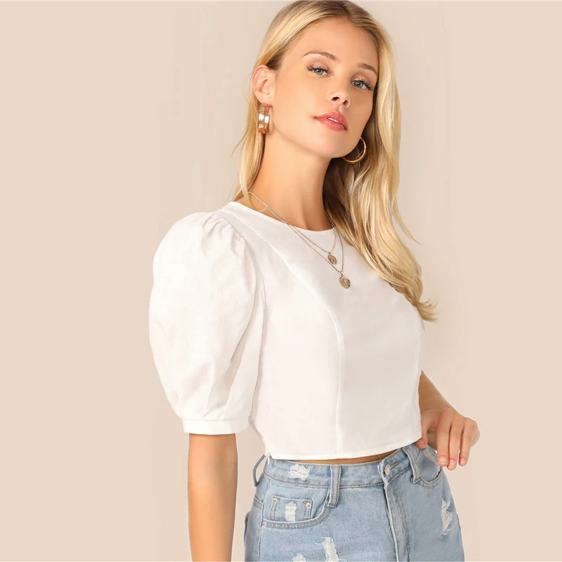 SHEIN, короткий топ с пышными рукавами и замочной скважиной на спине,, сексуальный белый однотонный облегающий летний пышный короткий рукав, Женские топы и блузки