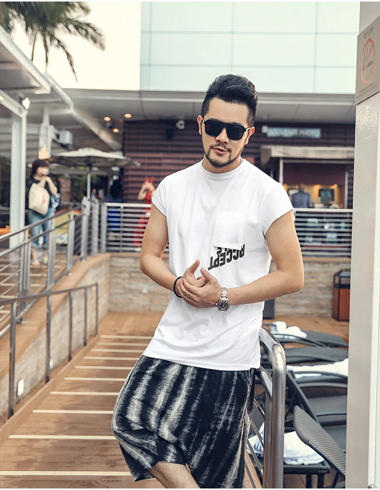 Летняя мужская новинка маленький карман без рукавов широкие плечи с принтом букв