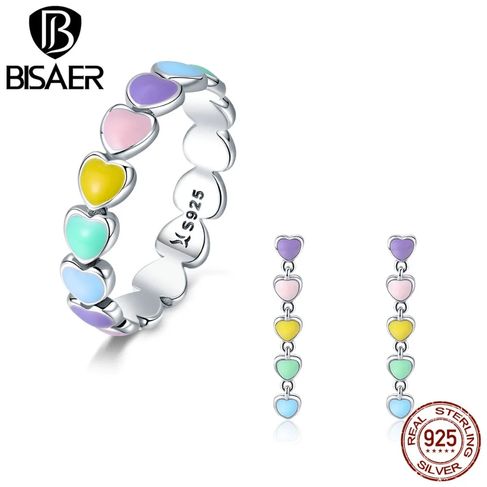 BISAER, 925 пробы, серебряные ювелирные изделия, набор, Радужный цвет, эмаль, Радужное сердце, кольца для женщин, свадебные ювелирные наборы, серебряные ювелирные изделия, набор