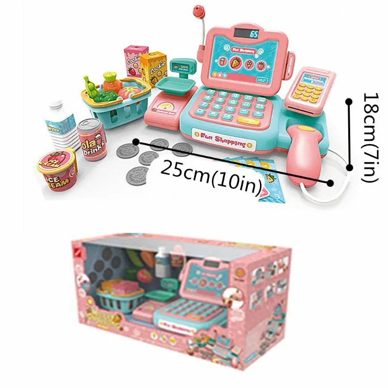 

Durable Cash Register Toy Pretend Play Educational Toy With Scanner Sound Music Microphone Calculator Play Money&Grocery Toy Gir