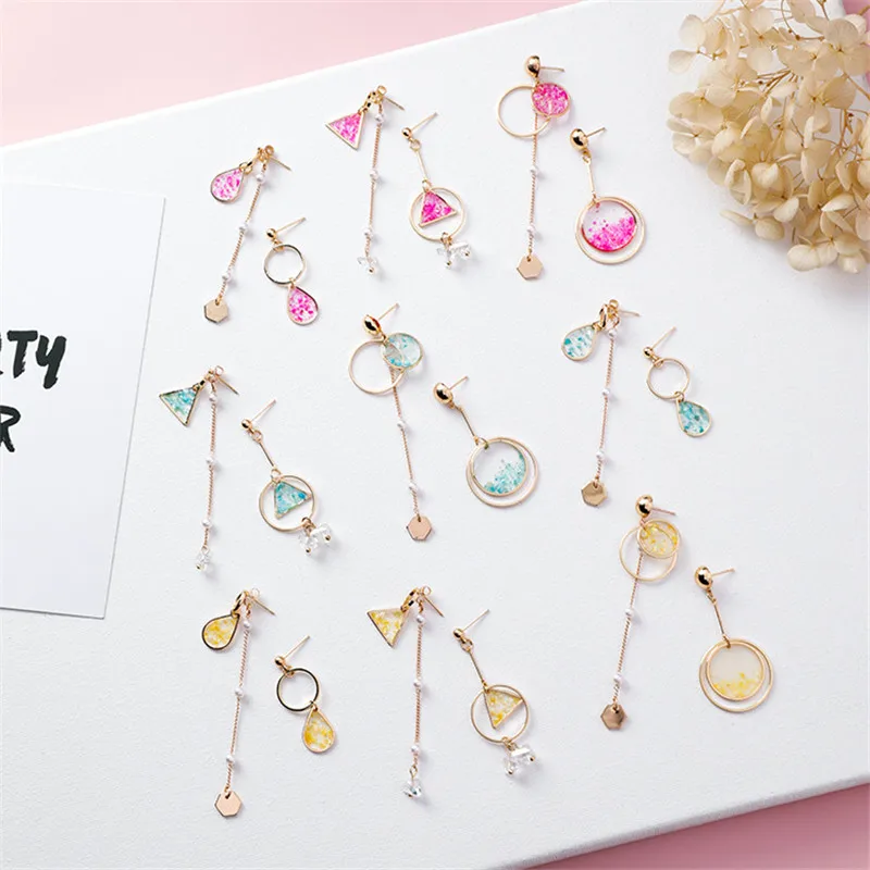 Модный прозрачный пластик цветок кисточкой Асимметричные Висячие серьги для