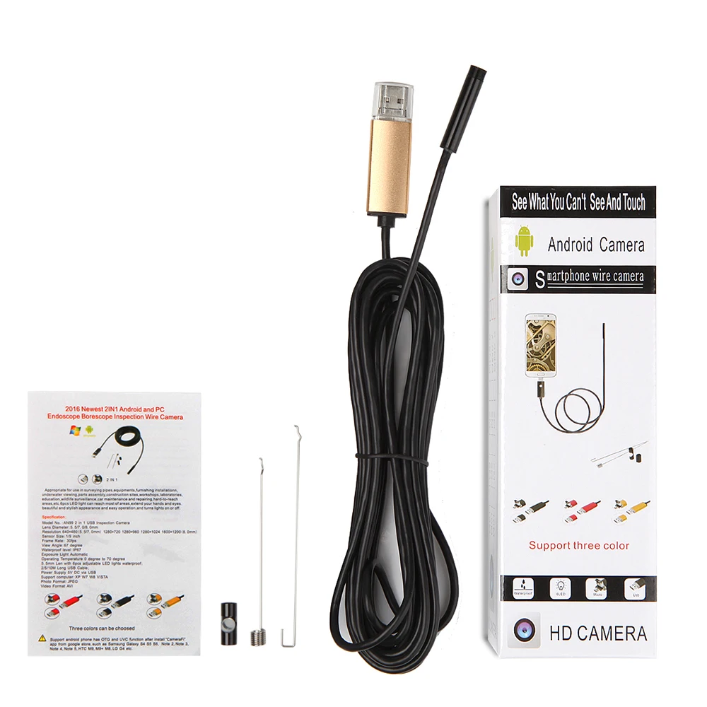 USAFEQLO 2m 5m 10m Soft Cable Mini Camera 7mm lens Endoscope inspection Pipe IP68 Waterproof 480P micro USB For Android Phone |