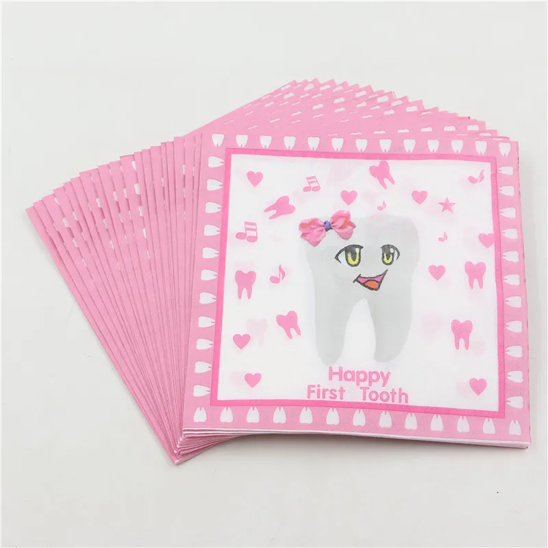 Розовый счастливый Первый зуб напечатаны Бумага салфетка для видов партии
