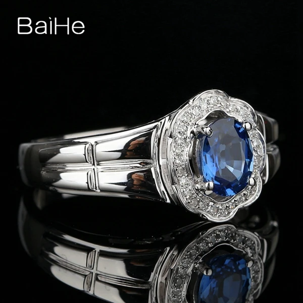 BAIHE Solid 14 k белое золото(AU585) Овальная огранка натуральный голубой сапфир обручальное Обручальное мужское модное Ювелирное кольцо с бриллиантами подарок