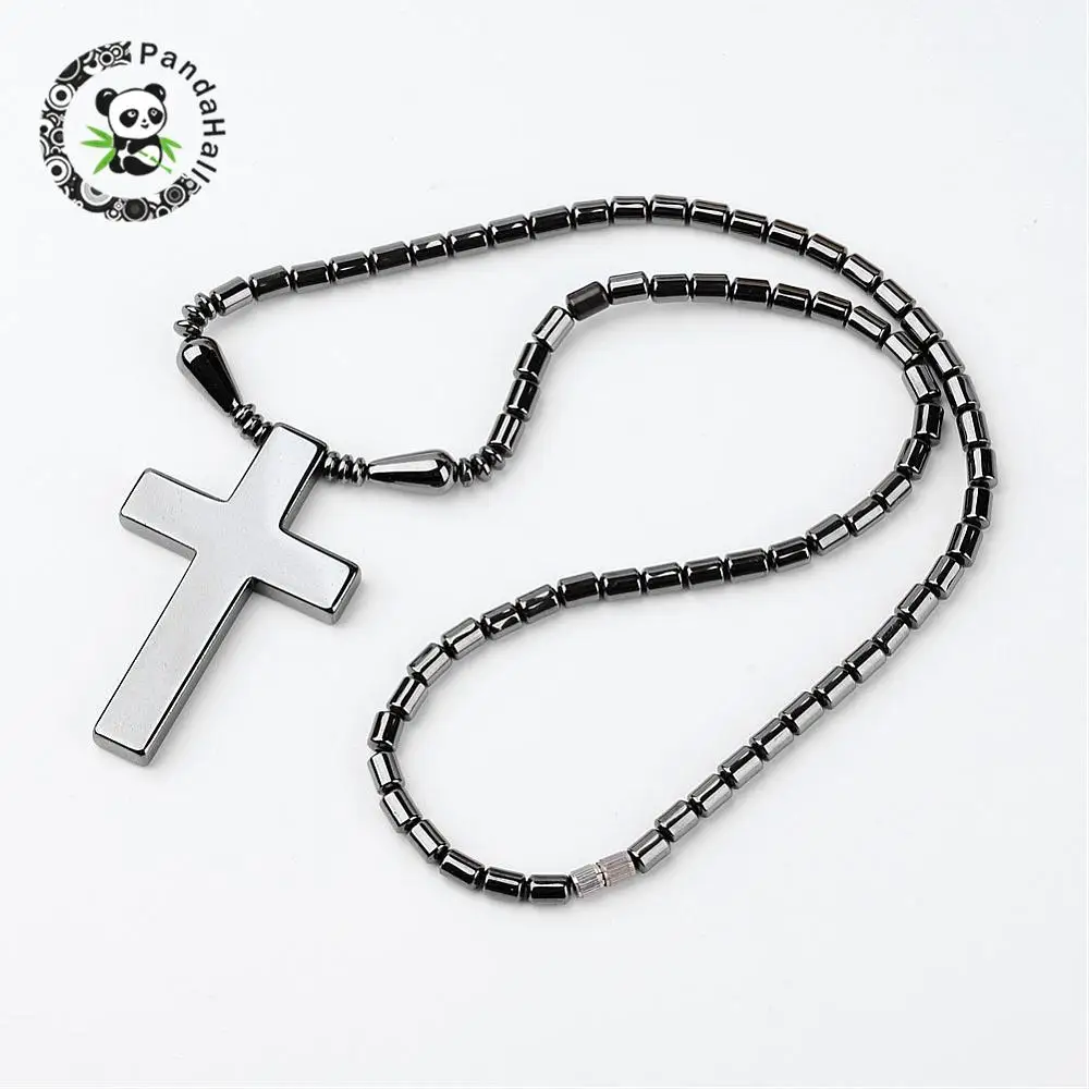 

17.5" Non-Magnetic Synthetic Hematite Necklace, Black with Cross Pendant, Drum Beads:4x5mm, Pendant:50mmx32mm