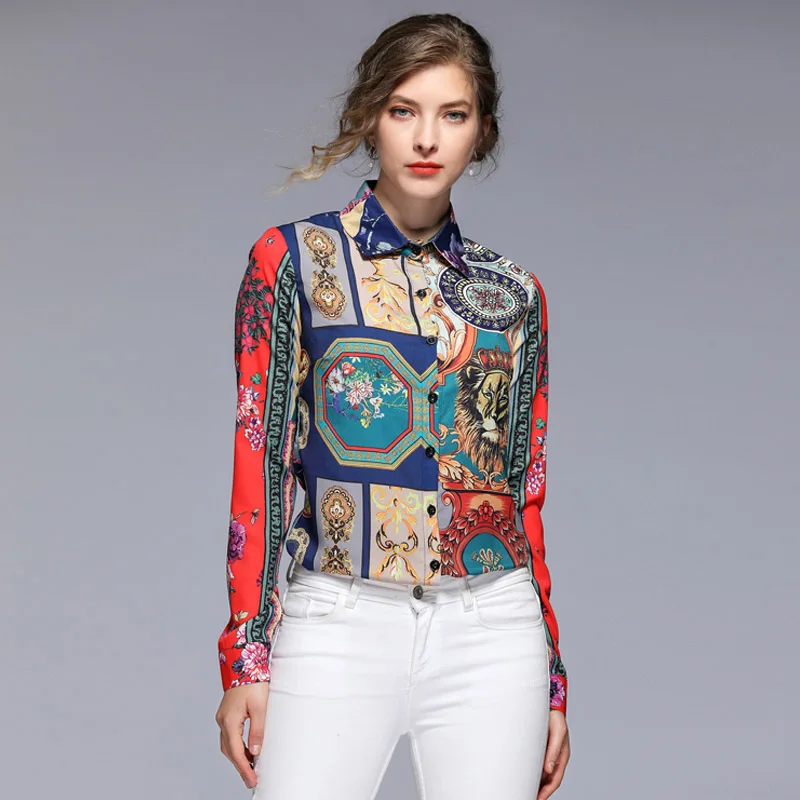 Для женщин винтажные блузки летний топ с длинными рукавами Цветочный животных