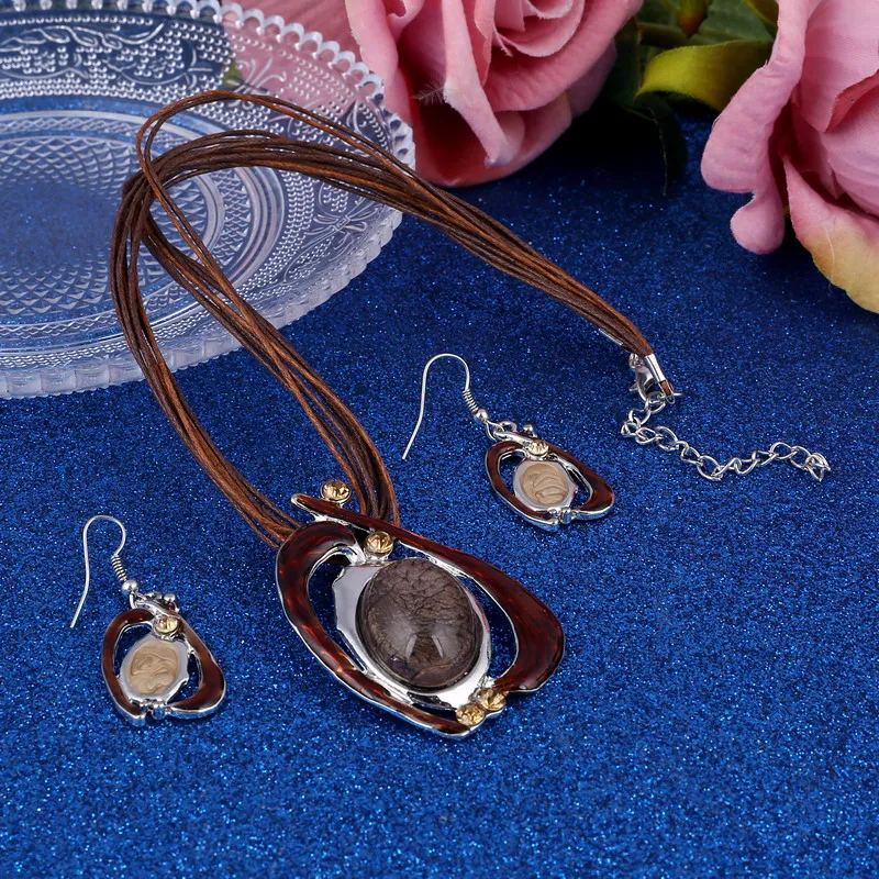 MINHIN Retro Simulated Gemstone Jewelry Set Multi Layers Wax Rope Necklace Earring Lady Luxury Rhinestone Party Accessory | Украшения и
