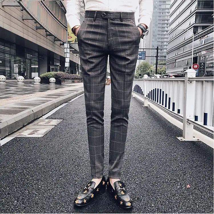 Sunwang зима толстые костюм брюки Для мужчин Slim Fit Мода платье в клетку штаны