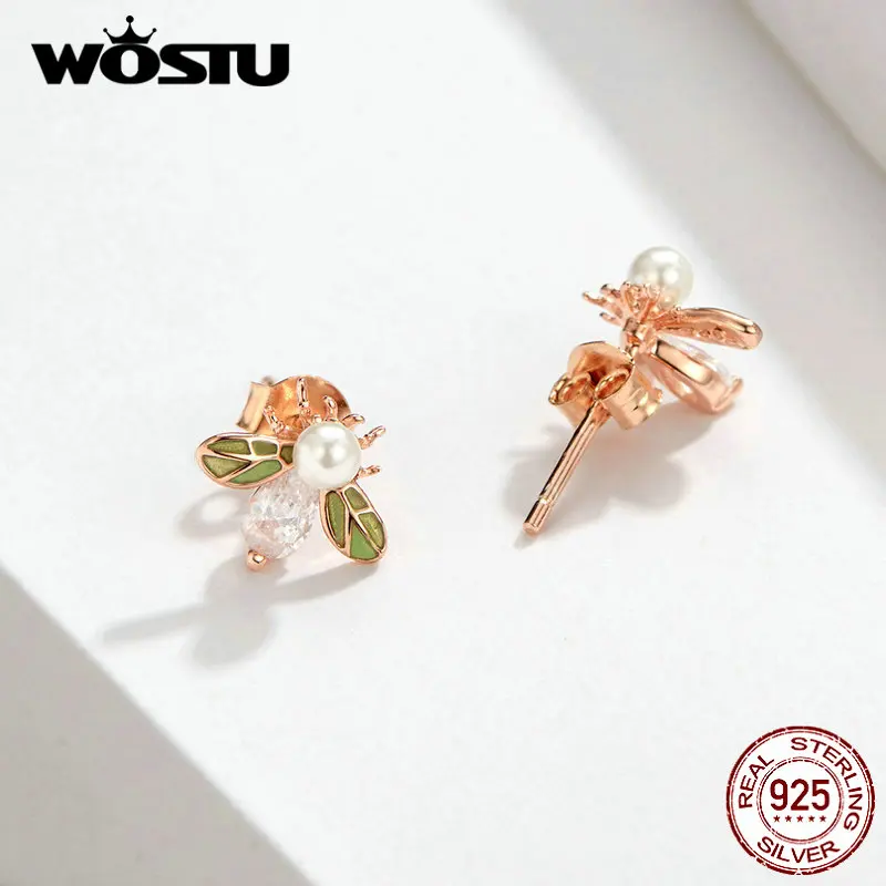 WOSTU, серьги-гвоздики Пчелка в виде животных, 925 пробы, серебро, Пресноводный Жемчуг, циркониевые серьги для женщин, ювелирные изделия для свадебной вечеринки CQE643