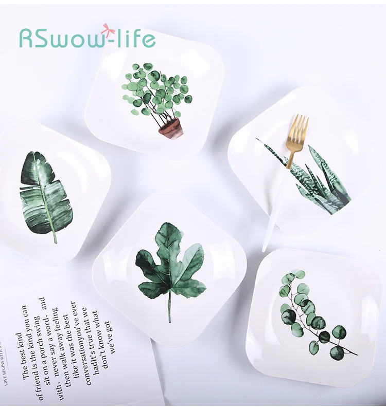 

Nordic Simple Tableware Green Plant Ceramic Plate Creative Square Home Western Steak Fruit Plate Home Kitchen Supplies