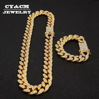 hip hop necklaces iced out crystal rhinestone miami cuban chain gold silver color zircon necklace bracelet set for mens women