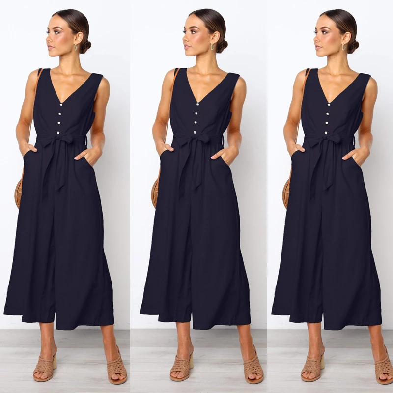 Женский Повседневный свободный Лен костюм-комбинезон мешковатые Playsuit кнопка спереди галстук талии мотобрюки комбинезоны для девочек