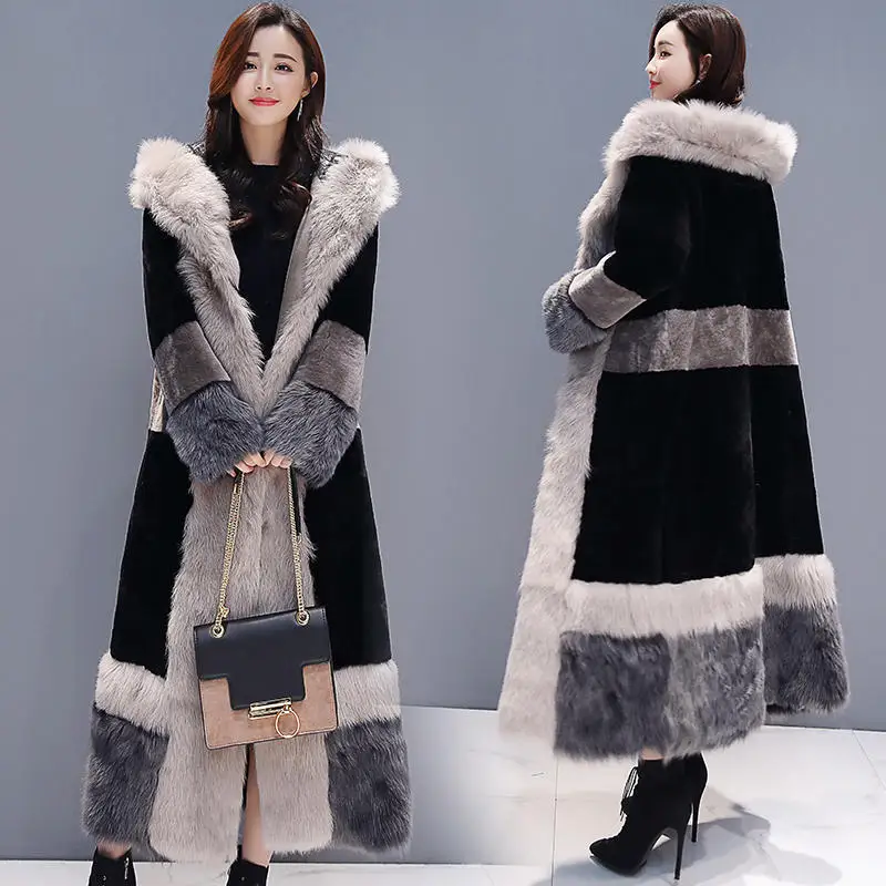 Black Winter Jacket Women Plus Velvet Warm Thick Long Fur Coat Female Elegant Long Sleeve Plus Size Winter Jacket Women Padded Q1703 - Цвет: Black