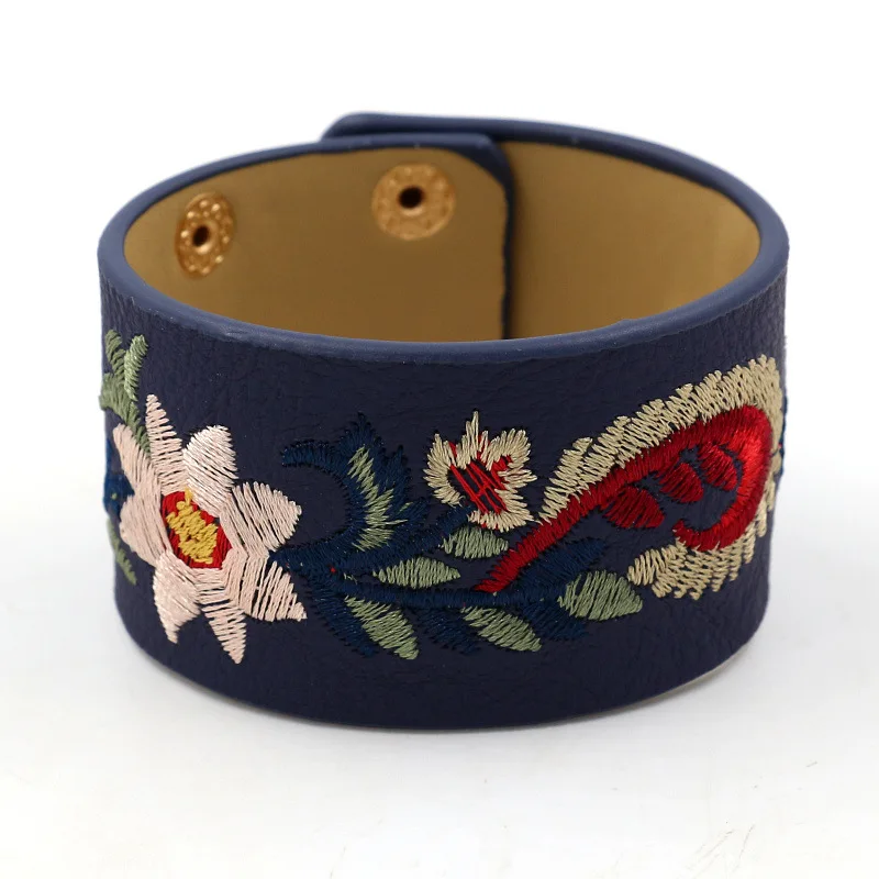 Heeda Japan Korean Spring New Joker Bangle Embroidery Flower Wide PU Leather Bracelet Women Graceful 2019 Bohemia Boho Jewelry | Украшения