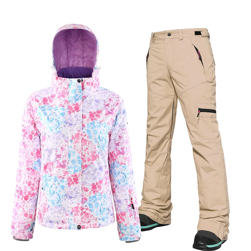 Jacket and khaki SEARIPE лыжный костюм женские зимние сноубордические костюмы водонепроницаемые женские лыжные куртки дышащие зимние штаны-30 градусов лыжное пальто - Цвет: Jacket and khaki