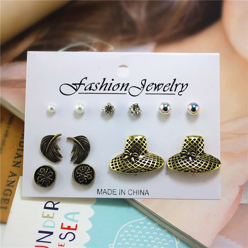 ENZE free shipping new fashion earrings color round imitation pearl retro hat girl accessories woman Ear stud combination | Украшения и