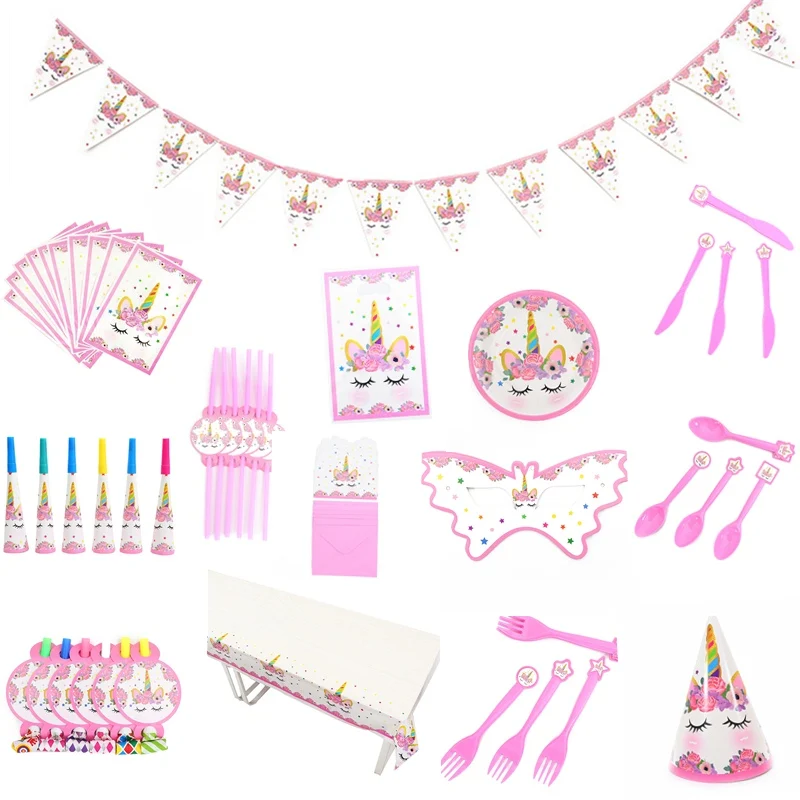 Розовые вечерние принадлежности в виде единорога бумажные