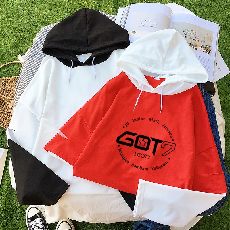 Осенние женские толстовки в Корейском стиле Kpop Got7 с буквенным принтом Harajuku, повседневные женские толстовки, цветные топы с вышивкой, свободная верхняя одежда