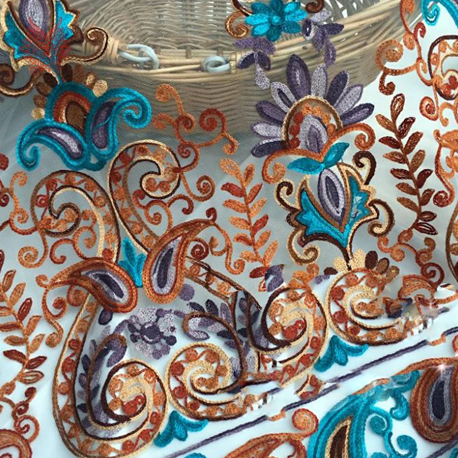 Американский стиль бохо Цветочная вышивка Сетка кружевная ткань для платья