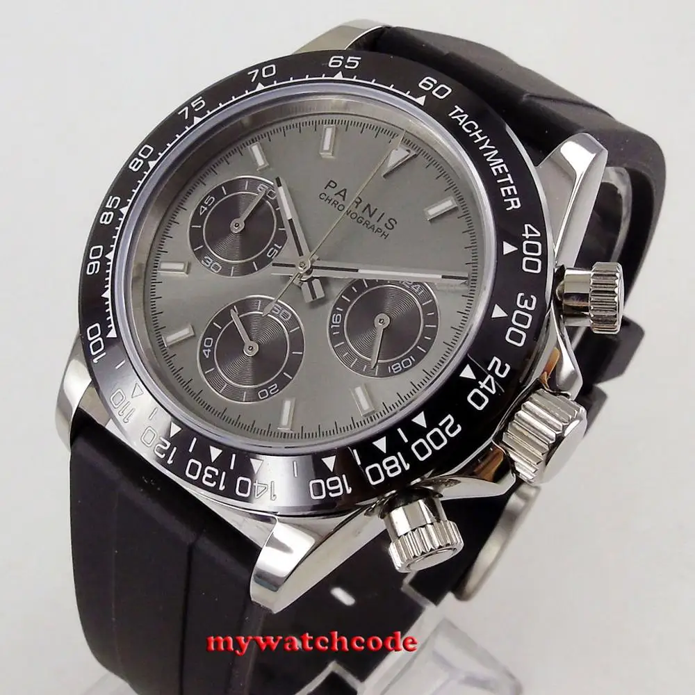 

new arrive Top Brand Luxury 39mm PARNIS gray dial sapphire glass rubber stap solid full Chronograph quartz mens watch 1246B