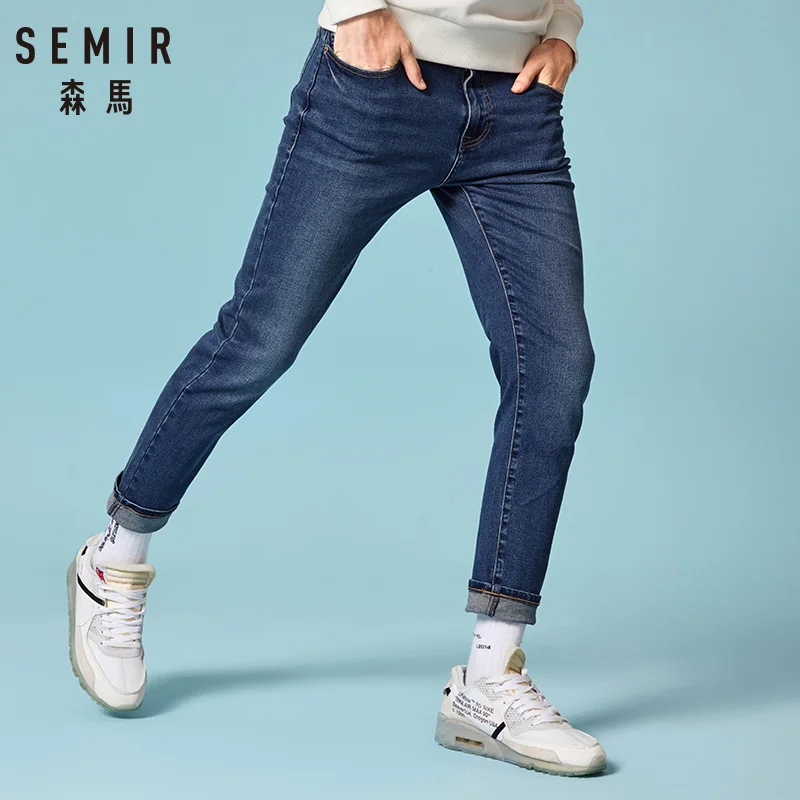 SEMIR мужские зимние синие джинсы на подкладке из стрейчевого денима теплые для