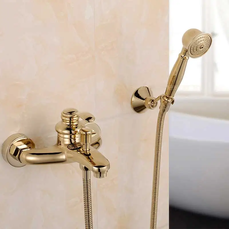 

Золотистый смеситель для ванной комнаты, смеситель для ванны с латунной ручной душевой лейкой, набор с двумя отверстиями, настенный смесите...