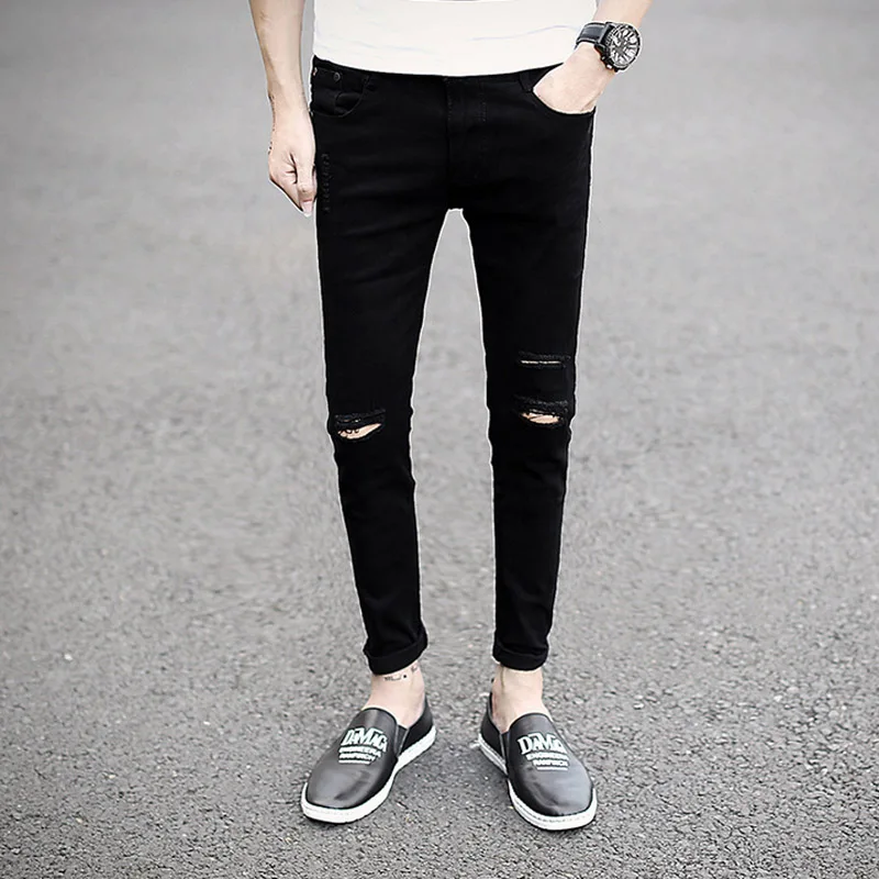 Новинка 2021 мужские потертые джинсы до колена щиколотки тонкие черные и белые
