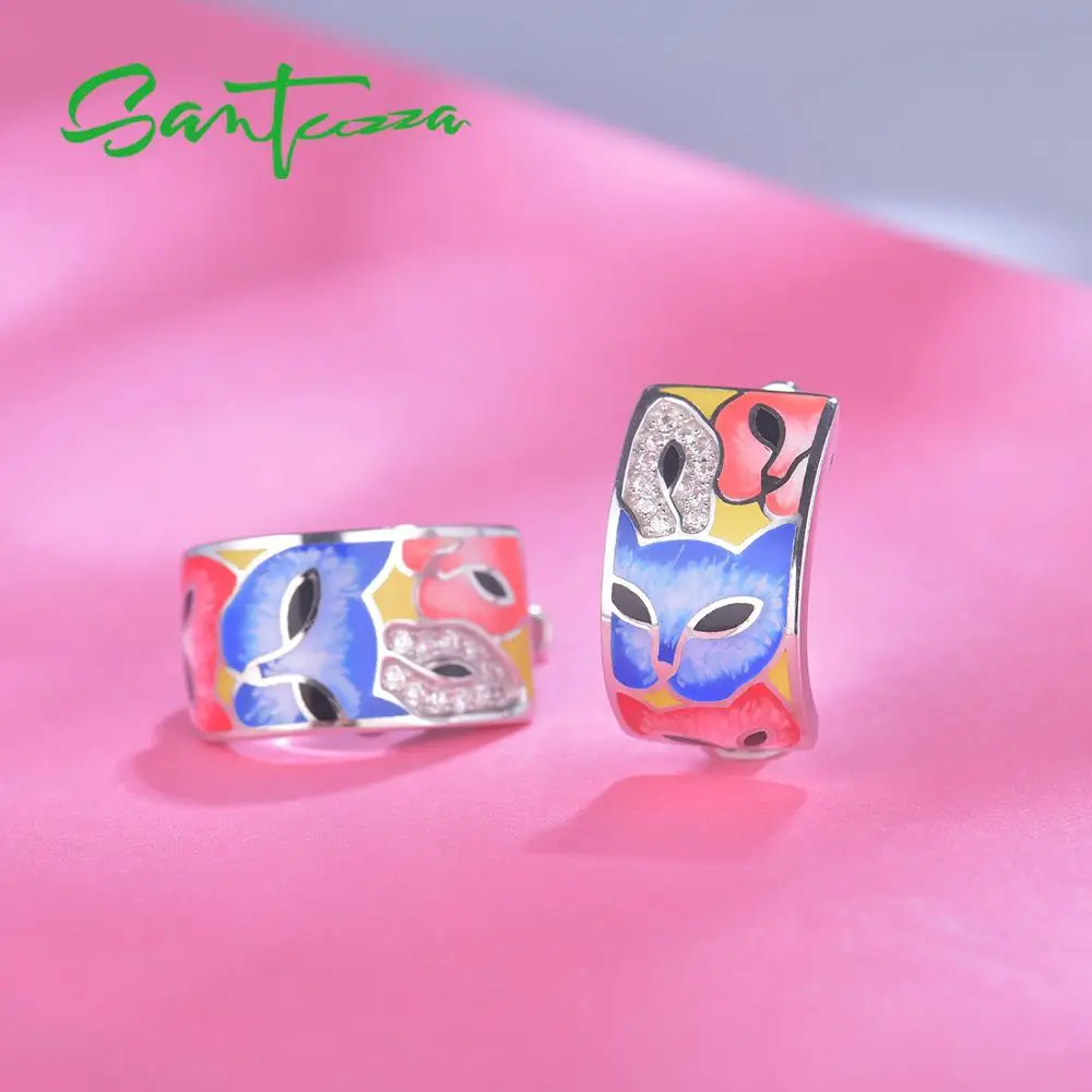 SANTUZZA, серебряные серьги для женщин, 925 пробы, серебро, с белым CZ, ручная работа, эмаль, прекрасный кот, уникальные серьги, модное ювелирное изделие