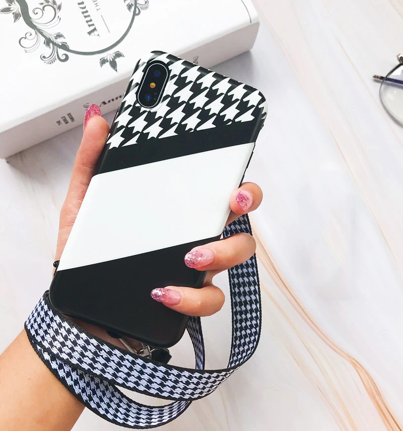 Neck Strap Lanyard Case For iPhone X 10 7 8 Plus Grid Pattern Soft Silicone Cover 6 6S Phone Coque Capa |