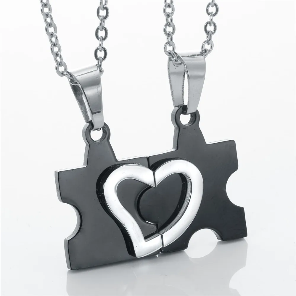 

2pc Vogue Men Women Couple Necklace Black Stainless Steel Love Heart Chain Puzzle Pendant Necklace lover gift jewelry