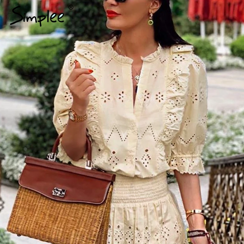 Женская кружевная блузка Simplee с вышивкой ажурные топы рюшами лето 2019 женские