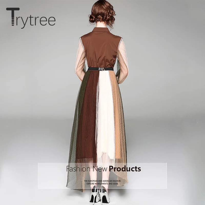 Trytree летнее Повседневное платье-рубашка с поясом женское лоскутное разноцветное Сетчатое двухслойное платье с асимметричным подолом офисное женское платье