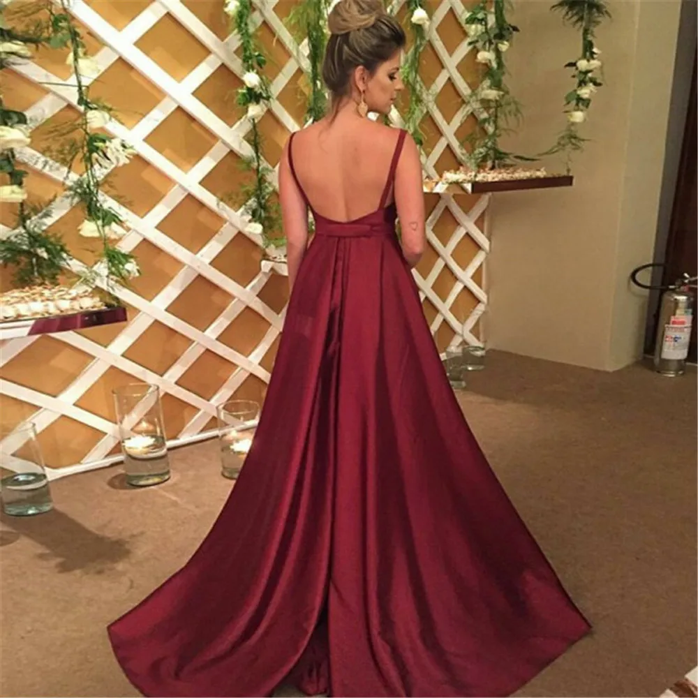 

Elegant Burgundy Satin Women Wedding Party Dresses 2019 A Line V Neck Backless Charming Bridesmaid Dress Custom Made Women Gown