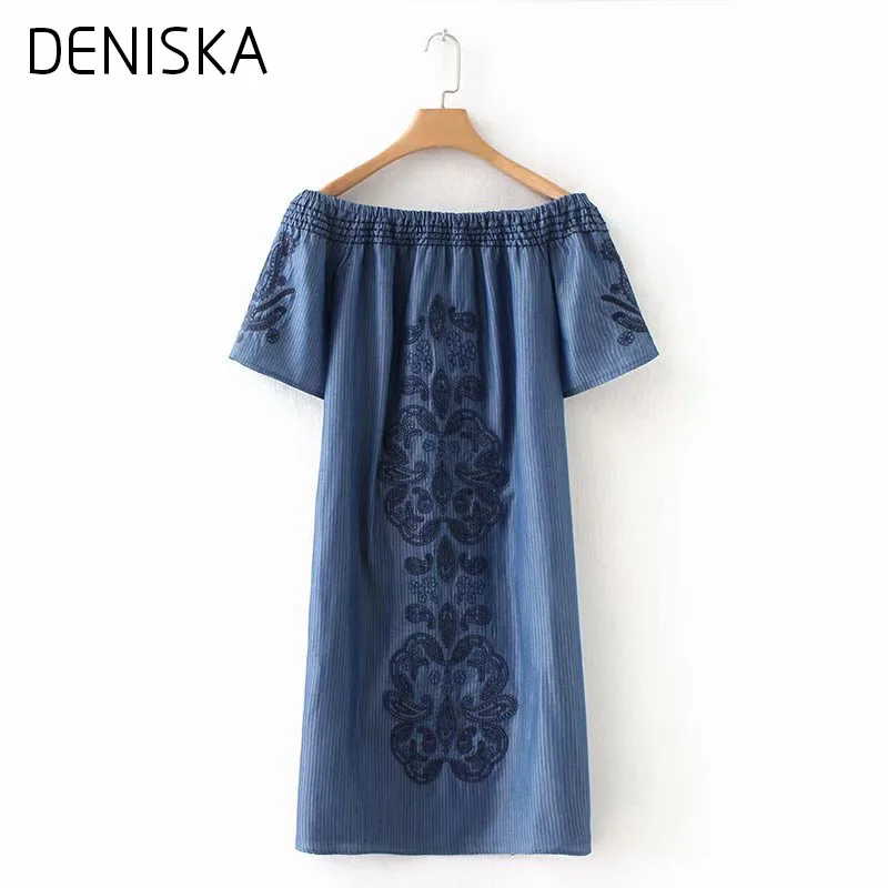 Summer 2018 Women Striped Vintage Blue Denim Dress Lady Short Sleeve Floral Embroidery Sexy Off Shoulder Plus Size | Женская одежда