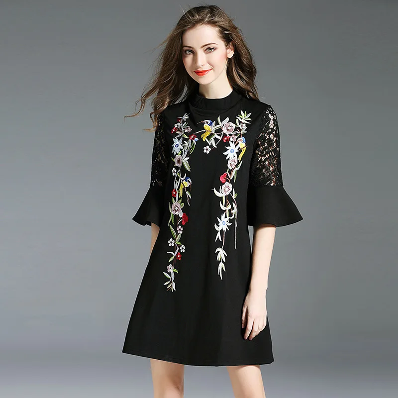 Женское платье 2018 Boho элегантные летние цветочные Вышивка черный Вечеринка