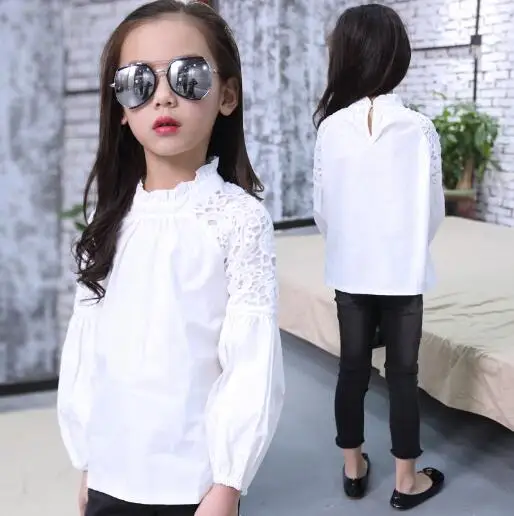 

Fashion Girls White Blouses Teenager Girls Long Sleeve Lace Patchwork Shirt For Children School Blouse Autumn Kids clothes Tops