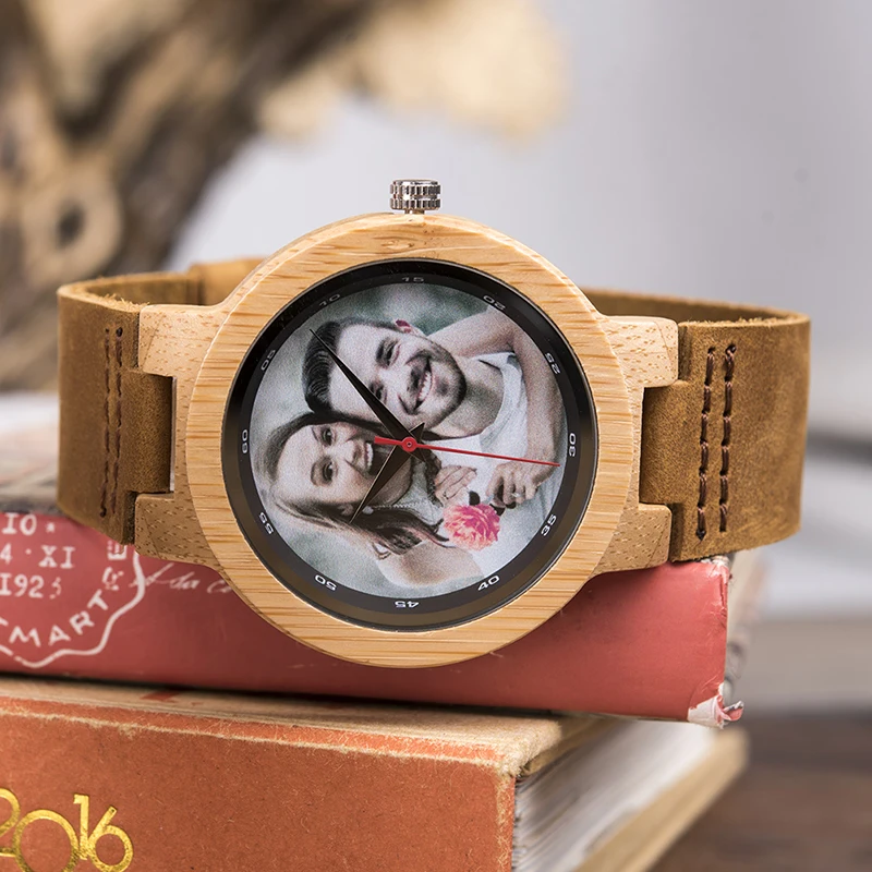 

Wooden Watch Men Personal Customize Lady Family Birthday Gift Print picture Quartz Bamboo Watches Men's Wristwatch Engrave Logo