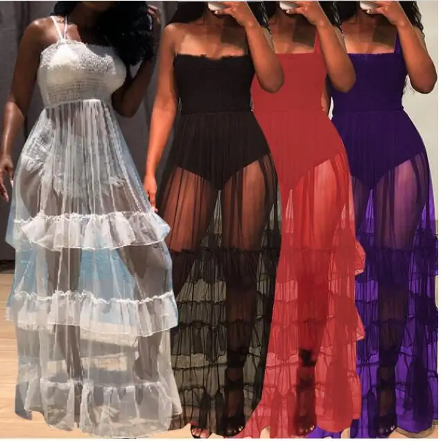 

Women See Through White Dress Strap Tiered Mesh Beach Sundresses Summer Sexy Club Party Dresses Solid Sheer Mesh Maxi Dress