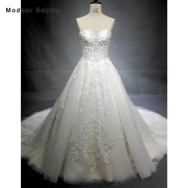 

Champagne and Ivory Sexy Ball Gown Flowers Lace Wedding Dresses 2018 Formal Women Beaded Pearls Bridal Gowns vestido de noiva