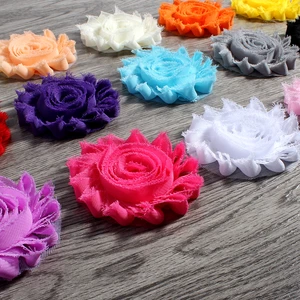 120 шт.лот 2,6 дюйма, 15 цветов, модные шикарные потертые шифоновые цветы для детей, аксессуары для волос, 3D потертые тканевые цветы для повязок на голову