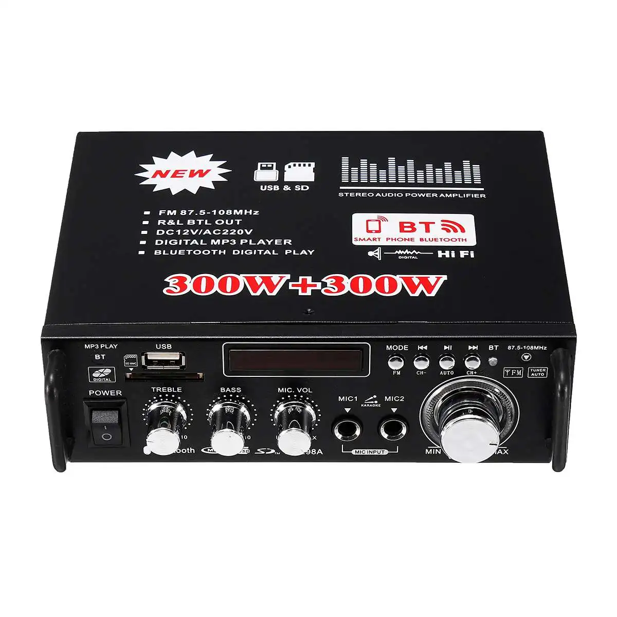 300 Вт+ 300 Вт 12/220V 2 канала Hi-Fi стерео аудио кабель Мощность усилитель bluetooth FM радио автомобиль Проекторы для домашнего кинотеатра музыкальный плеер
