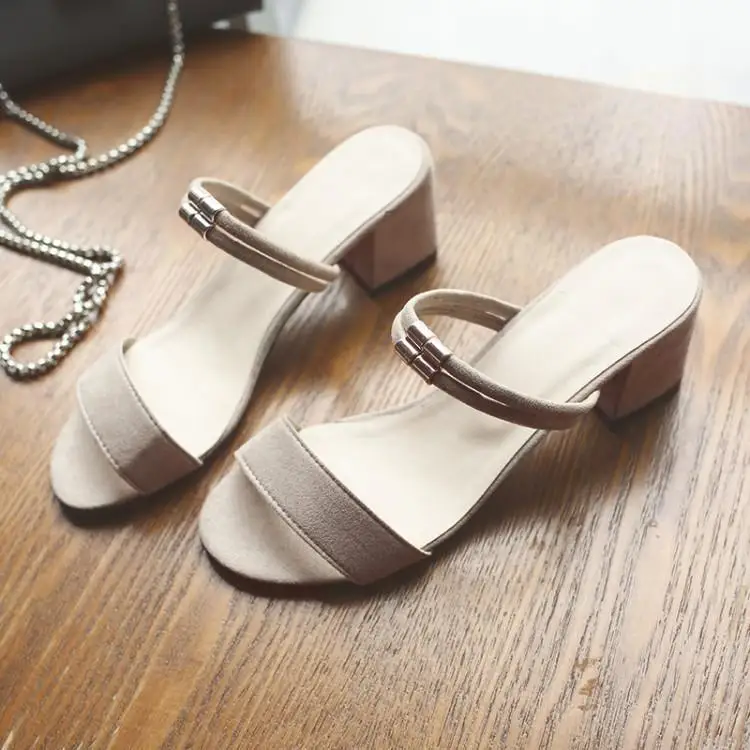 Black Grey Beige Suede Women Sandals Peep Toe Chunky Heels Zapatos De Mujer Two Narrow Band Buckle Girl Mules Slip On Slides | Обувь