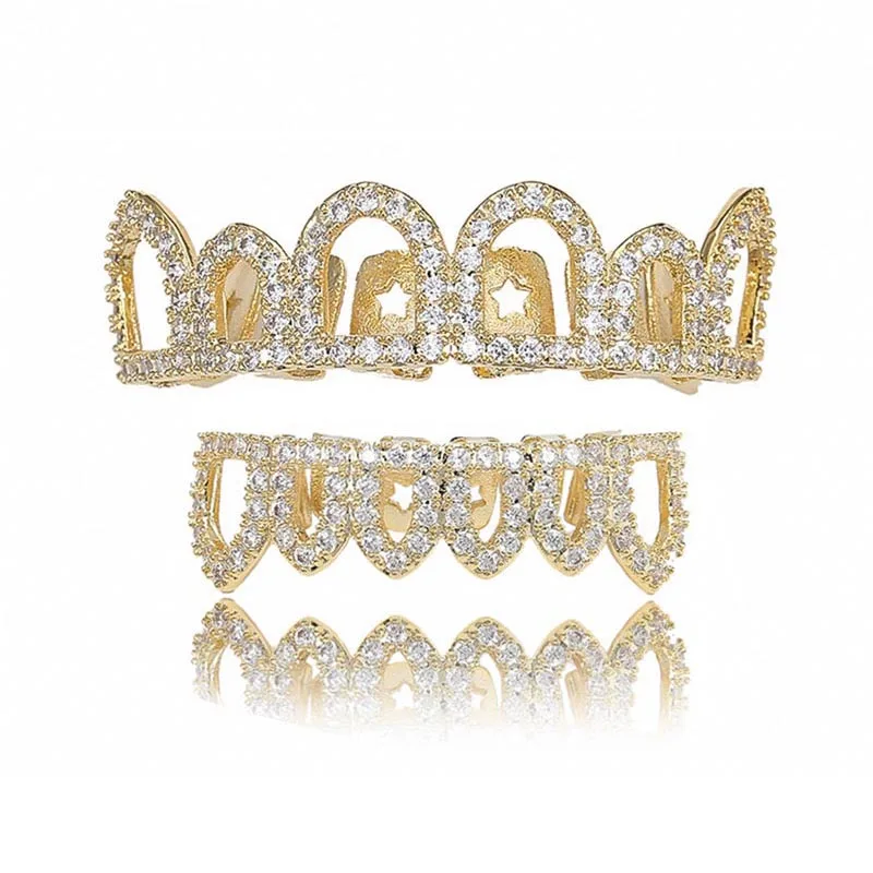 Выдалбливают зубы Grillz AAA циркон Топ и низ зуб набор для мужчин и женщин подарок на Хэллоуин мода Grillz хип хоп ювелирные изделия - Окраска металла: Gold Set