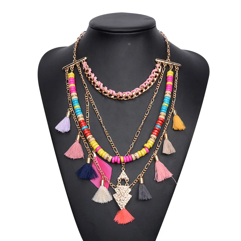 Богемные повседневные длинные ожерелья многослойные бусы многоцветные кисточки