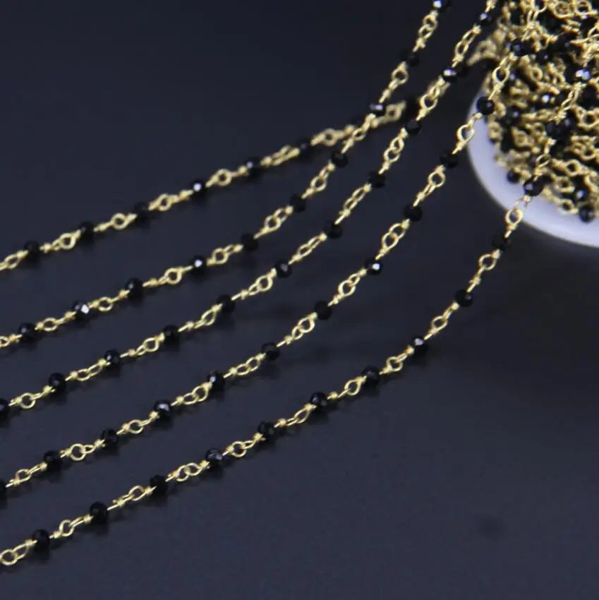 Tiny Beads Black Glass Quartz Faceted Rondelle Beaded Chain Jewelry Plated Gold Wire Wrapped Link Craft Necklace Supply 2x3mm | Украшения и